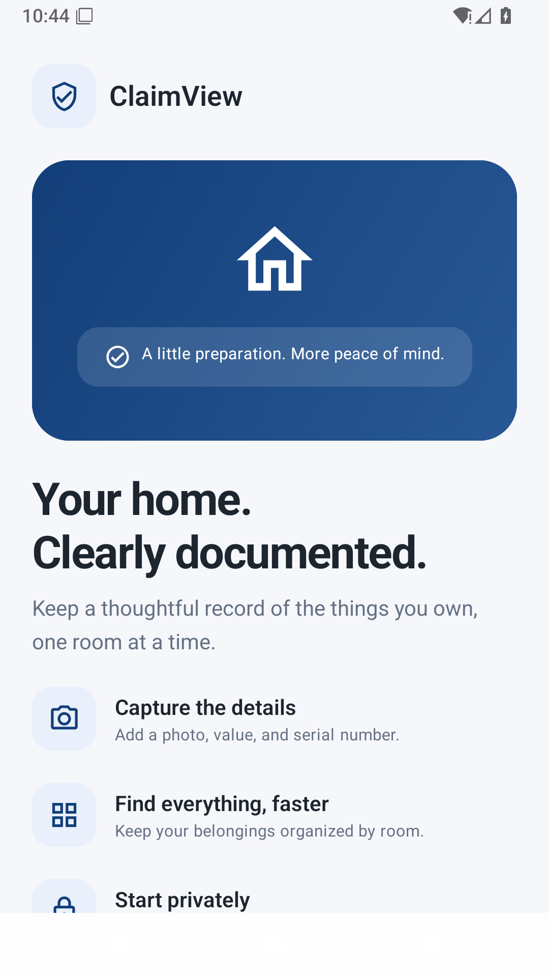 ClaimView development preview showing its home inventory introduction and photo capture features